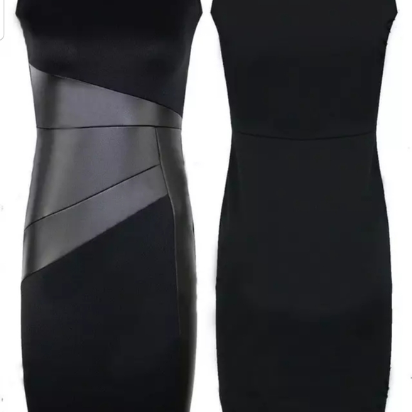 NEW BLACK LBD FAUX LEATHER CONTRAST SHEAT DRESS - Picture 4 of 6